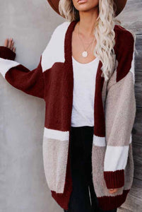 Burgundy Striped Long Sleeve Cardigan Sweater