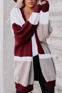 Burgundy Striped Long Sleeve Cardigan Sweater