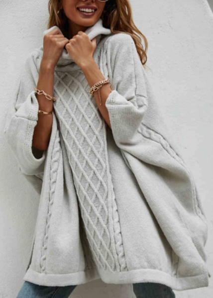 Oversized Cable Knit Turtleneck Poncho Sweater